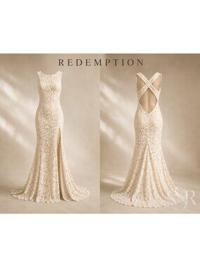 Redemption Long Dress in Rose Lace Mermaid Gown IT 44 US 8NWT Cross Back Ivory